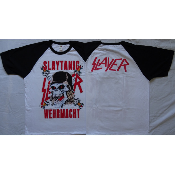 Slayer Slaytanic Wehrmacht Thrash Metal Old Skull 1988 Official Baseball White Black T-Shirt 