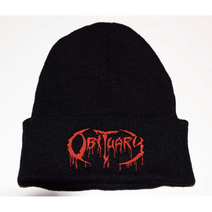 Obituary Beanie Red Logo Fold down High Quality Embroidered Beanie Soft and Warm