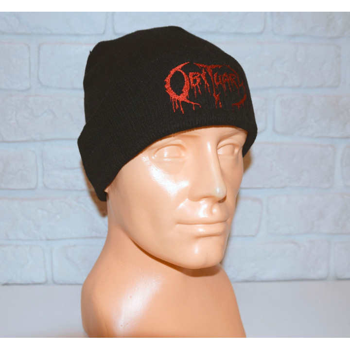 Obituary Beanie Red Logo Fold down High Quality Embroidered Beanie Soft and Warm