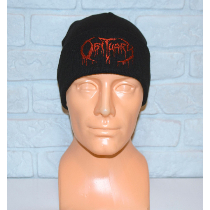 Obituary Beanie Red Logo Fold down High Quality Embroidered Beanie Soft and Warm