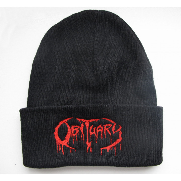 Obituary Beanie Red Logo Fold down High Quality Embroidered Beanie Soft and Warm